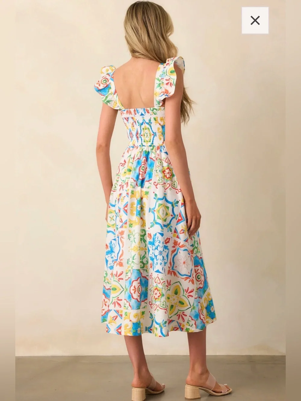 Floral Tile Print Midi Dress - White Multicolor